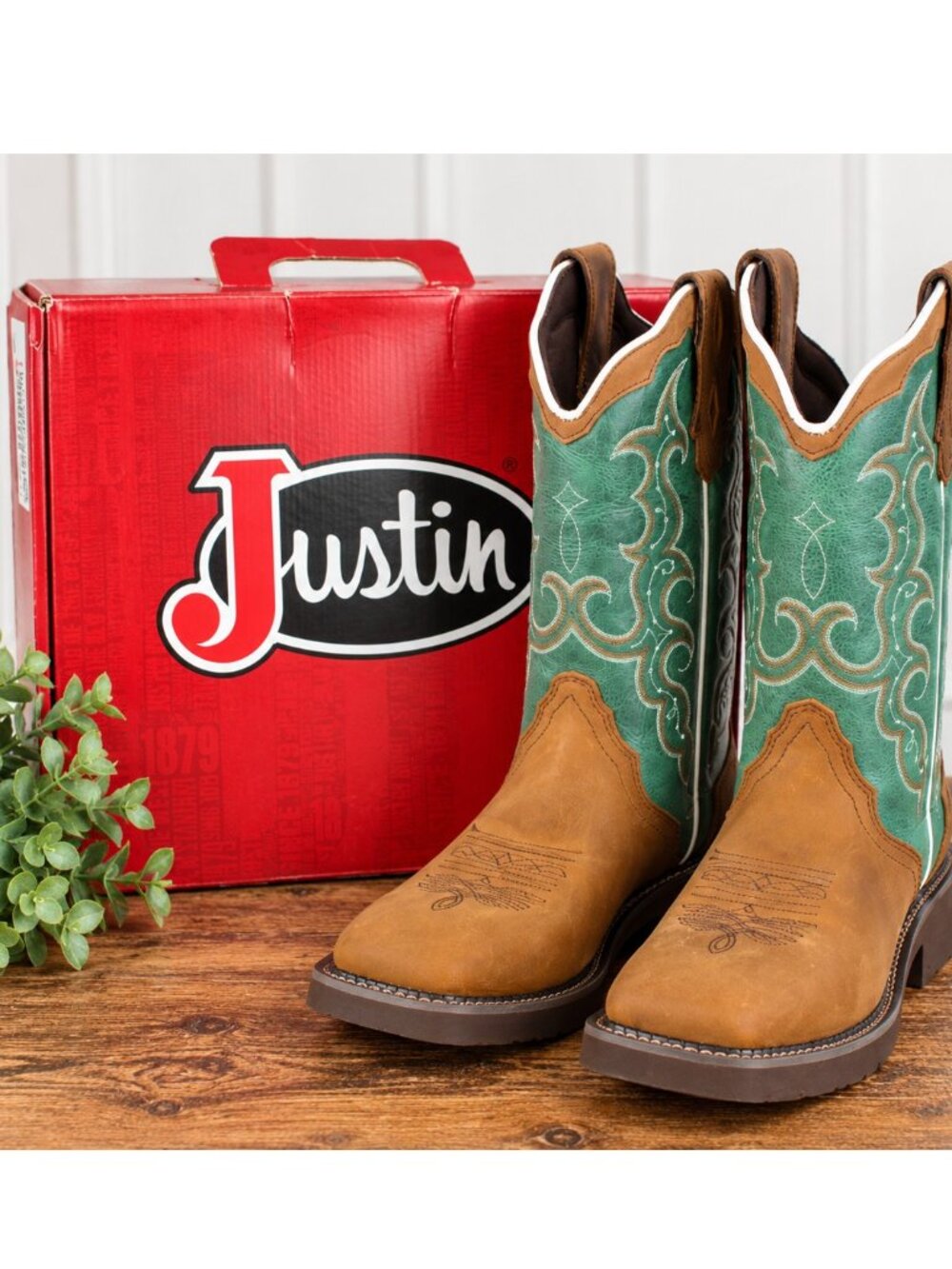 Justin GY2904 Women's Brown Green Leather Square Toe Western Boots Size 6.5B NWB